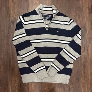 Tommy Hilfiger Men’s Navy and Gray Striped Half-Zip Sweater